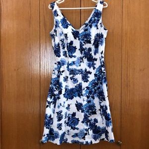 Blue/wht floral Chaps fit and flare dress, sz 14